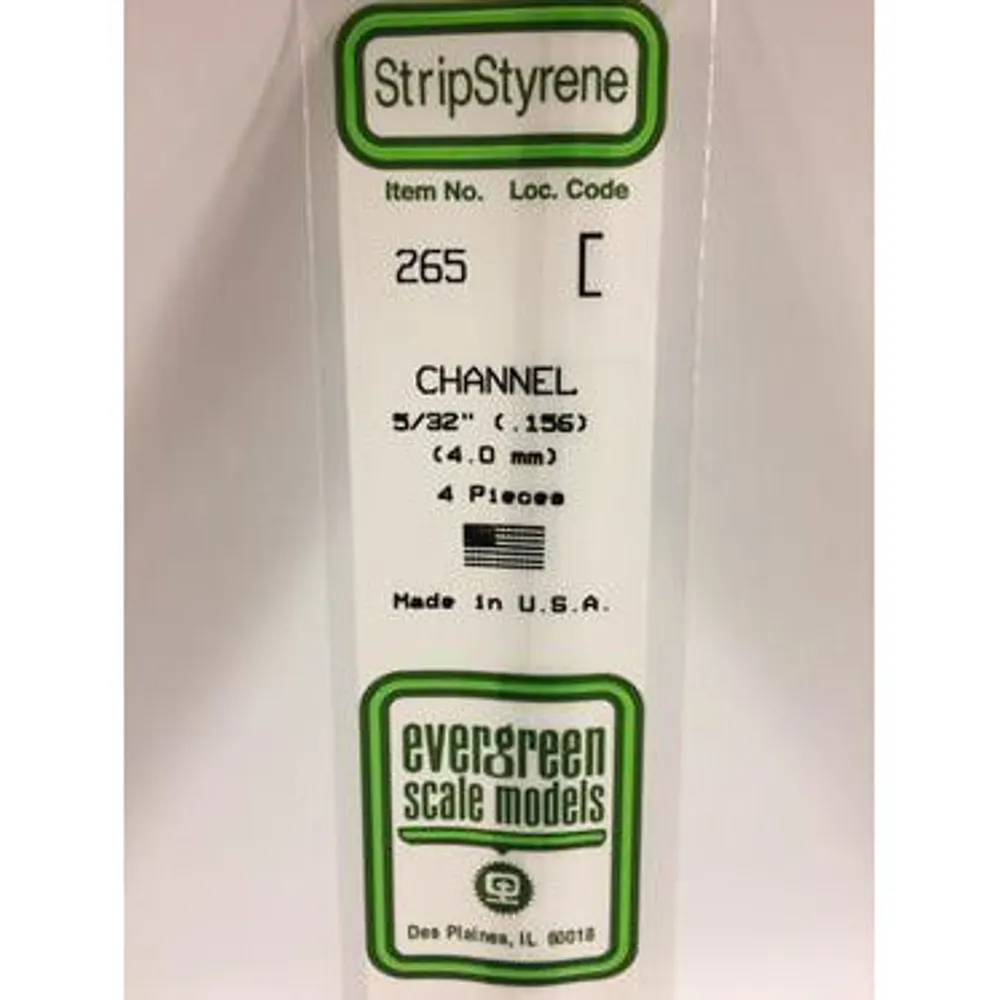 Evergreen #265 Styrene Shapes: Channel 4 pack 0.156" (4.0mm) x W: 0.053" (1.4mm) x FT: 0.014" (0.36mm) x WT: 0.022" (0.56mm)