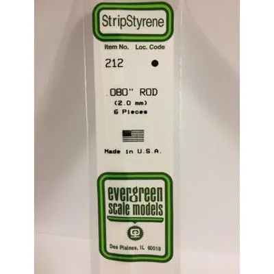 Evergreen #212 Styrene Rods: 6 pack 0.080" (2.0mm) OD x 14" (35cm)