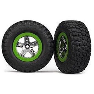 TRA6876 Tires & wheels, assembled, glued (SCT, chrome, green beadlock wheel, BFGoodrich Mud-Terrain T/A