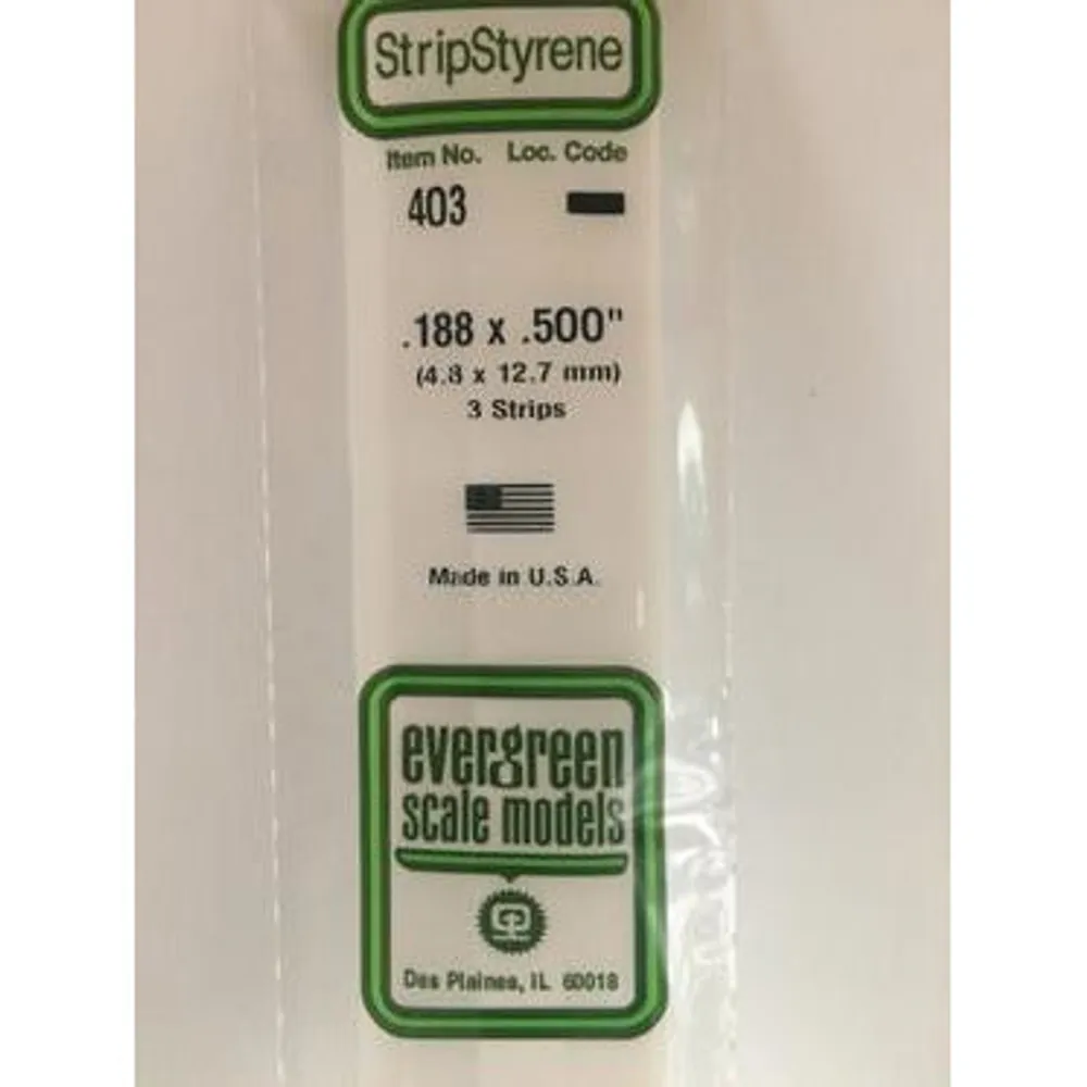 Evergreen #403 Styrene Strips: Dimensional 3 pack 0.188" (4.8mm) x 0.500" (12.7mm) x 24" (60cm)