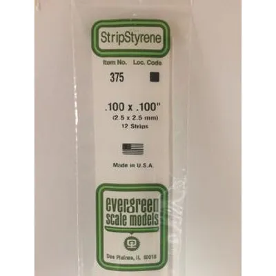 Evergreen #375 Styrene Strips: Dimensional 12 pack 0.100" (2.5mm) x 0.100" (2.5mm) x 24" (60cm)
