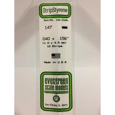 Evergreen #147 Styrene Strips: Dimensional 10 pack 0.040" (1.0mm) x 0.156" (4.0mm) x 14" (35cm)