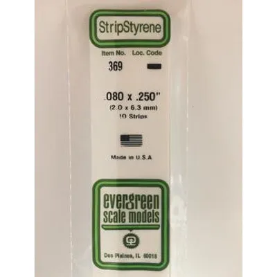 Evergreen #369 Styrene Strips: Dimensional 10 pack 0.080" (2.0mm) x 0.250" (6.3mm) x 24" (60cm)