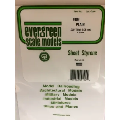 Evergreen #9104 Styrene Sheets: White 4 pack 0.030" (0.75mm) x 8" x 21"