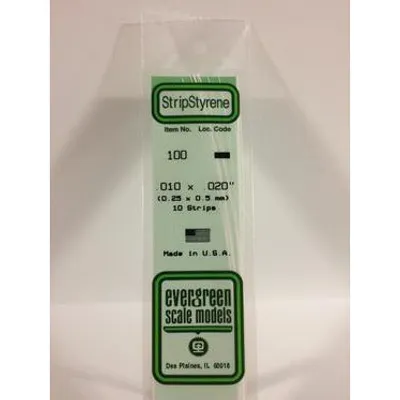 Evergreen #100 Styrene Strips: Dimensional 10 pack 0.010" (0.25mm) x 0.020" (0.50mm) x 14" (35cm)