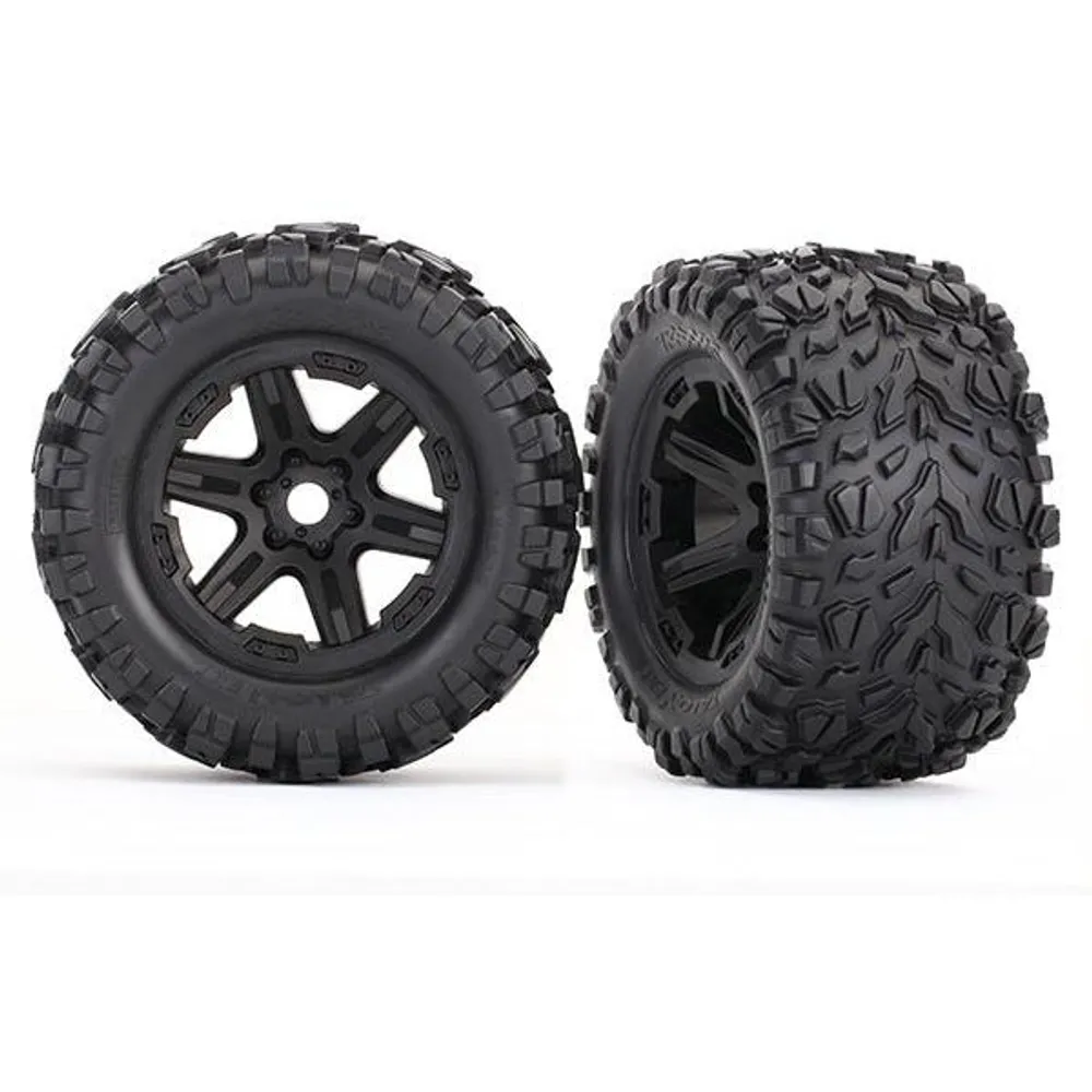 TRA8672 Tires & wheels, assembled, glued (black Carbide wheels, Talon EXT tires, foam inserts) (2) (17mm splined) (TSM rated)