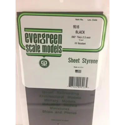 Evergreen #9516 Styrene Sheets: Black 1 pack 0.060" (1.5mm) Thick x 12" (31cm) x 6" (15cm)