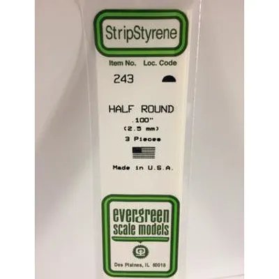 Evergreen #243 Styrene Shapes: Half Round 3 pack 0.100" (2.5mm) x 14" (35cm)