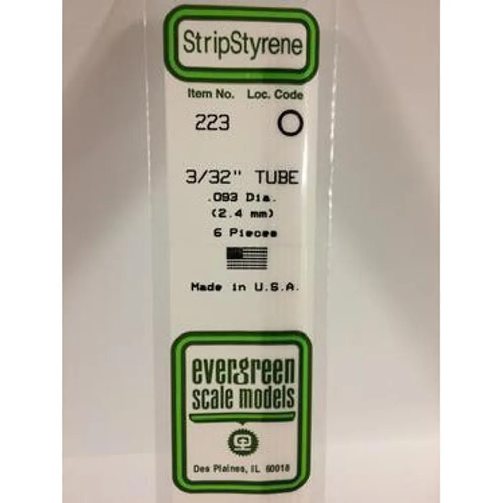 Evergreen #223 Styrene Tubes: Round 3/32" 6 pack 0.093" (2.4mm) OD x 14" (35cm)