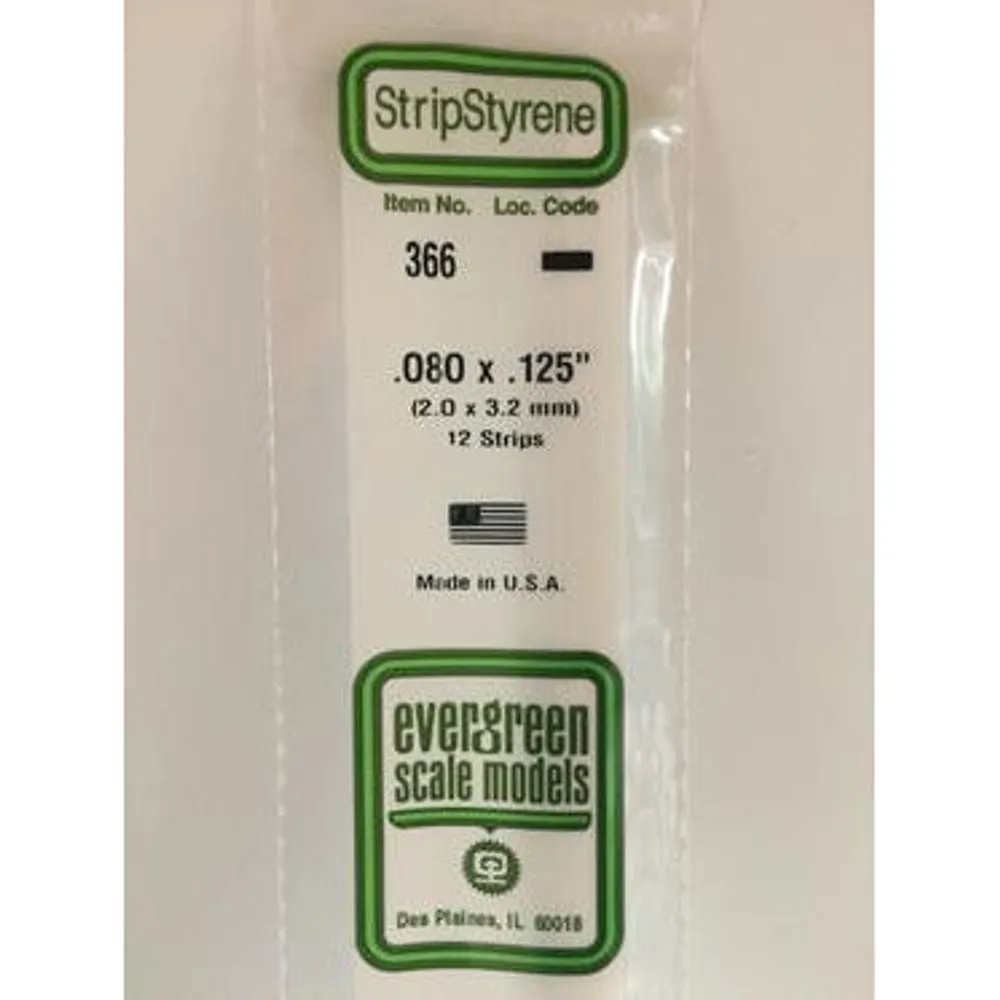 Evergreen #366 Styrene Strips: Dimensional 12 pack 0.080" (2.0mm) x 0.125" (3.2mm) x 24" (60cm)