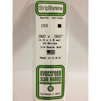 Evergreen #153 Styrene Strips: Dimensional 10 pack 0.060" (1.5mm) x 0.060" (1.5mm) x 14" (35cm)