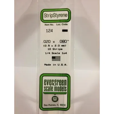 Evergreen #124 Styrene Strips: Dimensional 10 pack 0.020" (0.50mm) x 0.080" (2.0mm) x 14" (35cm)
