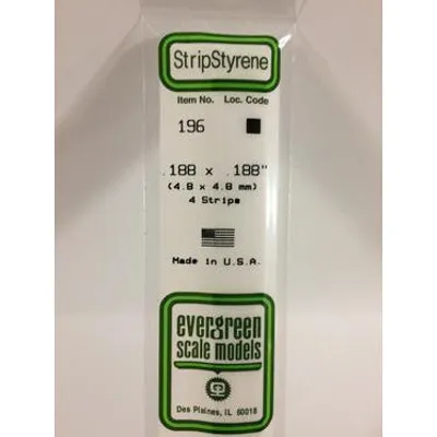 Evergreen #196 Styrene Strips: Dimensional 4 pack 0.188" (4.8mm) x 0.188" (4.8mm) x 14" (35cm)