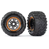 TRA8972T Tires & wheels, assembled, glued (black, orange beadlock style wheels, Maxx MT tires, foam inserts) (2) (17mm splined) (TSM rated