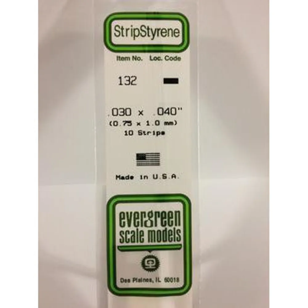 Evergreen #132 Styrene Strips: Dimensional 10 pack 0.030" (0.75mm) x 0.040" (1.05mm) x 14" (35cm)