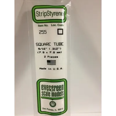 Evergreen #255 Styrene Tubes: Square 5/16" 2 pack 0.312" (7.9mm) x 14" (35cm)