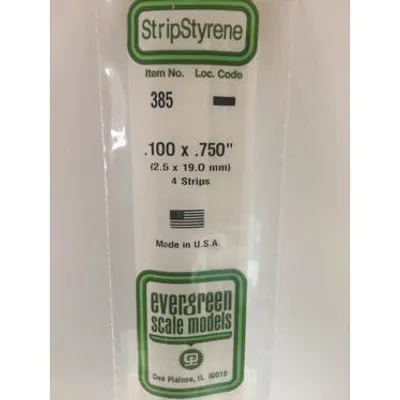 Evergreen #385 Styrene Strips: Dimensional 4 pack 0.100" (2.5mm) x 0.750" (19.0mm) x 24" (60cm)