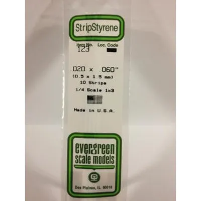Evergreen #123 Styrene Strips: Dimensional 10 pack 0.020" (0.50mm) x 0.060" (1.5mm) x 14" (35cm)
