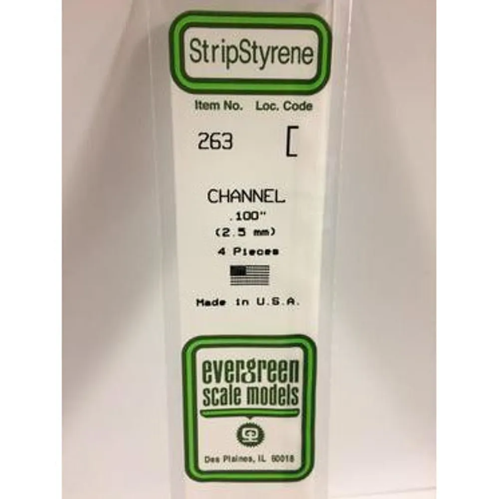 Evergreen #263 Styrene Shapes: Channel 4 pack 0.100" (2.5mm) x W: 0.042" (1.1mm) x FT: 0.010" (0.25mm) x WT: 0.019" (0.51mm)