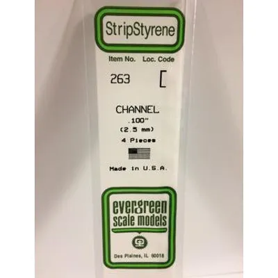 Evergreen #263 Styrene Shapes: Channel 4 pack 0.100" (2.5mm) x W: 0.042" (1.1mm) x FT: 0.010" (0.25mm) x WT: 0.019" (0.51mm)