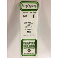 Evergreen #263 Styrene Shapes: Channel 4 pack 0.100" (2.5mm) x W: 0.042" (1.1mm) x FT: 0.010" (0.25mm) x WT: 0.019" (0.51mm)