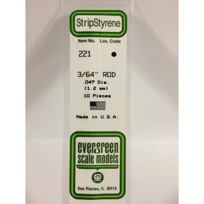 Evergreen #221 Styrene Rods: 3/64" 10 pack 0.047" (1.2mm) OD x 14" (35cm)