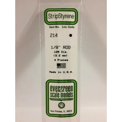 Evergreen #214 Styrene Rods: 1/8" 4 pack 0.125" (3.2mm) OD x 14" (35cm)