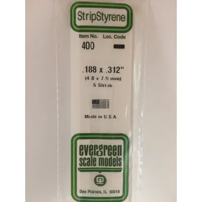 Evergreen #400 Styrene Strips: Dimensional 5 pack 0.188" (4.8mm) x 0.312" (7.9mm) x 24" (60cm)