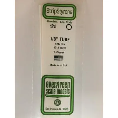 Evergreen #424 Styrene Tubes: Round 1/8" 8 pack 0.125" (3.2mm) OD x 24" (60cm)
