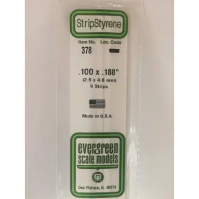 Evergreen #378 Styrene Strips: Dimensional 9 pack 0.100" (2.5mm) x 0.188" (4.8mm) x 24" (60cm)
