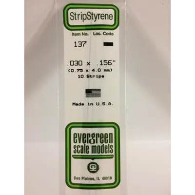 Evergreen #137 Styrene Strips: Dimensional 10 pack 0.030" (0.75mm) x 0.156" (4.0mm) x 14" (35cm)