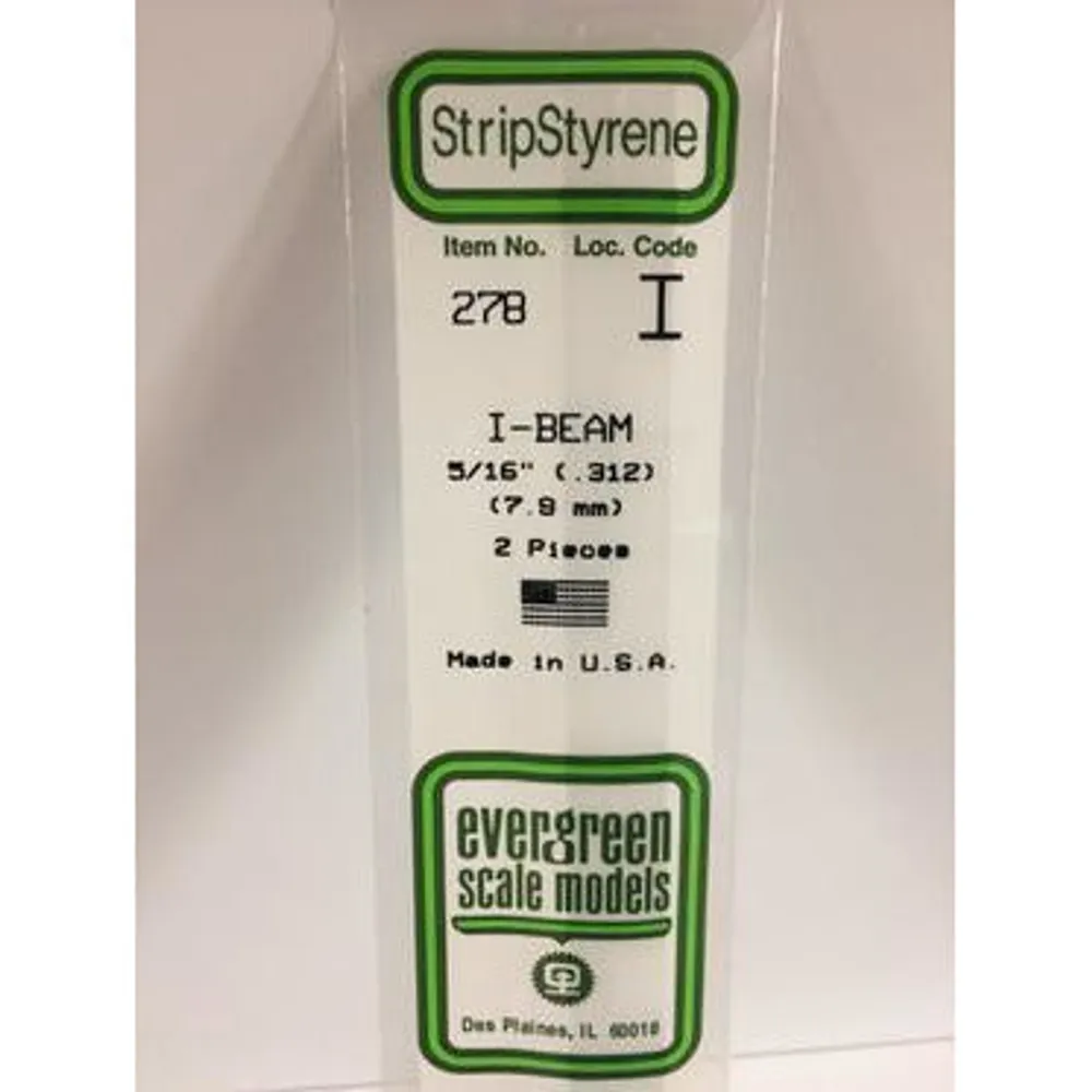 Evergreen #278 Styrene Shapes: I-Beam 2 pack 5/16" 0.312" (7.9mm) x W: 0.134" (3.4mm) x FT: 0.018" (0.46mm) x WT: 0.028" (0.71mm)