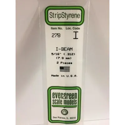 Evergreen #278 Styrene Shapes: I-Beam 2 pack 5/16" 0.312" (7.9mm) x W: 0.134" (3.4mm) x FT: 0.018" (0.46mm) x WT: 0.028" (0.71mm)