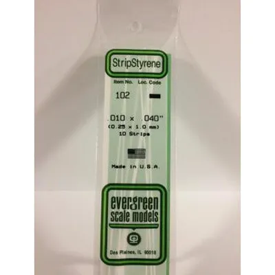 Evergreen #102 Styrene Strips: Dimensional 10 pack 0.010" (0.25mm) x 0.040" (1mm) x 14" (35cm)