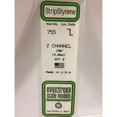 Evergreen #755 Styrene Shapes: Z Channel 3 pack 0.156" (4.0mm) x W: 0.078" (2.0mm) x WT: 0.023" (0.60mm) x FT: 0.023" (0.60mm)
