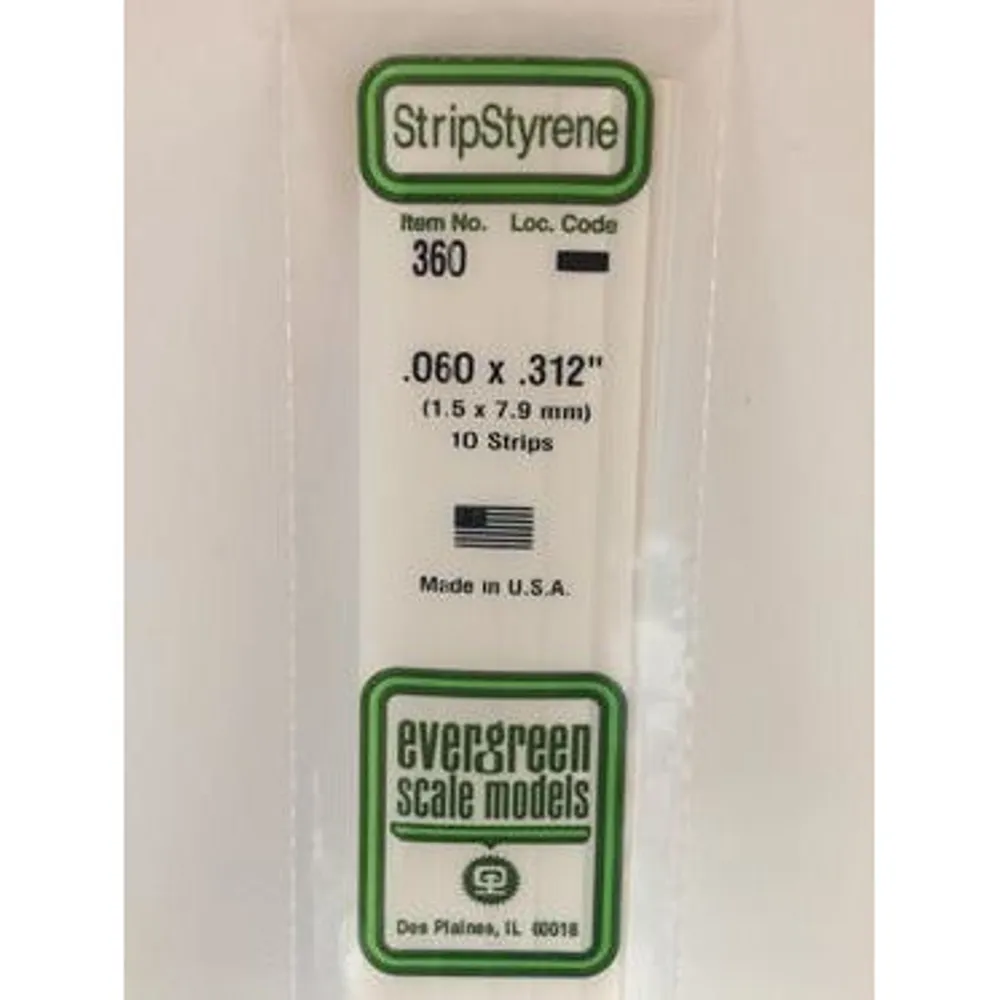 Evergreen #360 Styrene Strips: Dimensional 10 pack 0.060" (1.5mm) x 0.312" (7.9mm) x 24" (60cm)