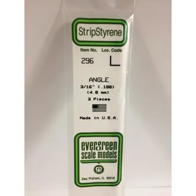 Evergreen #296 Styrene Shapes: Angle 3 pack 3/16", 0.188" (4.8mm) x 0.188" (4.8mm) x 0.026" (0.66mm) Thick