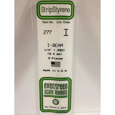 Evergreen #277 Styrene Shapes: I-Beam 1/4" 3 pack 0.250" (6.3mm) x W: 0.113" (2.9mm) x FT: 0.016" (0.41mm) x WT: 0.025" (0.64mm)