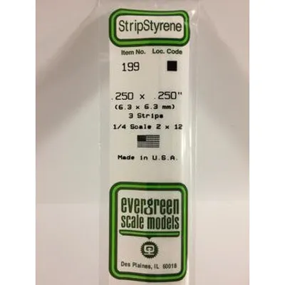 Evergreen #199 Styrene Strips: Dimensional 3 pack 0.250" (6.3mm) x 0.250" (6.3mm) x 14" (35cm)