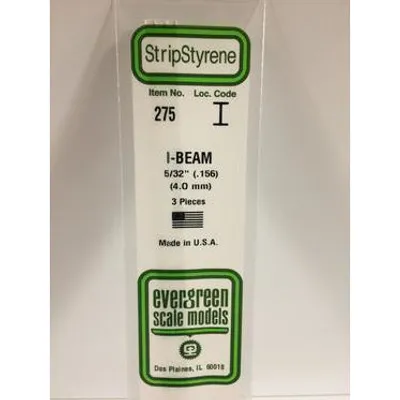 Evergreen #275 Styrene Shapes: I-Beam 3 pack 5/32" 0.156" (4.0mm) x W: 0.081" (2.0mm) x FT: 0.012" (0.30mm) x WT: 0.021" (0.53mm)