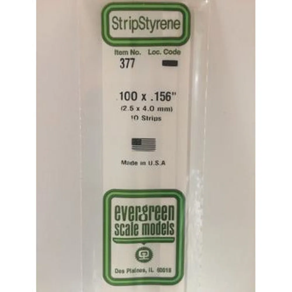 Evergreen #377 Styrene Strips: Dimensional 10 pack 0.100" (2.5mm) x 0.156" (4.0mm) x 24" (60cm)