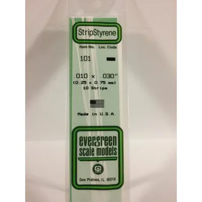 Evergreen #101 Styrene Strips: Dimensional 10 pack 0.010" (0.25mm) x 0.030" (0.75mm) x 14" (35cm)