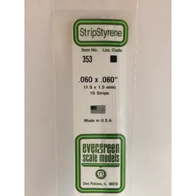 Evergreen #353 Styrene Strips: Dimensional 15 pack 0.060" (1.5mm) x 0.060" (1.5mm) x 24" (60cm)