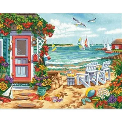 Dimensions Paint by Numbers Summertime Inlet (Beach, Chairs, House, Sailboats) (14"x11")