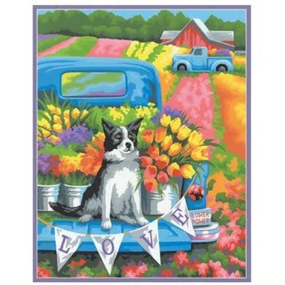 Dimensions Paint by Numbers Flower Power Dog in Back of Pickup Truck w/Spring Flowers (11"x14")