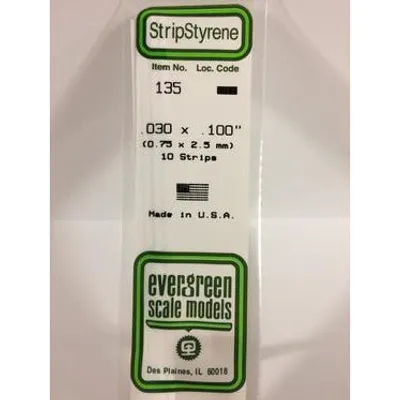 Evergreen #135 Styrene Strips: Dimensional 10 pack 0.030" (0.75mm) x 0.100" (2.5mm) x 14" (35cm)