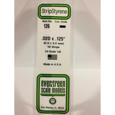 Evergreen #126 Styrene Strips: Dimensional 10 pack 0.020" (0.50mm) x 0.125" (3.2mm) x 14" (35cm)