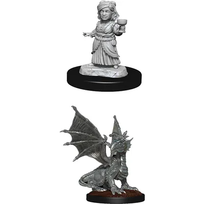 D&D Unpainted Mini - Silver Dragon Wyrmling & Halfling Dragon Friend 90153