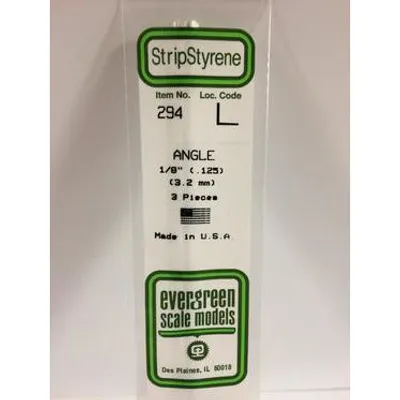 Evergreen #294 Styrene Shapes: Angle 3 pack 1/8", 0.125" (3.2mm) x 0.125" (3.2mm) x 0.020" (0.50mm) Thick