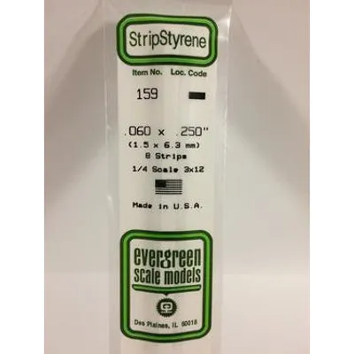 Evergreen #159 Styrene Strips: Dimensional 8 pack 0.060" (1.5mm) x 0.250" (6.3mm) x 14" (35cm)